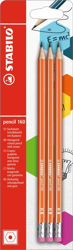 Bleistift mit Radierer - STABILO pencil 160 in orange - Härtegrad HB - 3er Pack