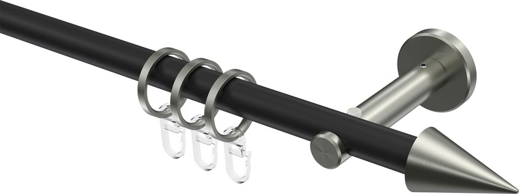 Interdeco Gardinenstange / Vorhangstange Schwarz / Edelstahl-Optik, Typ Medium Scarano (Kegel), 16 mm Ø 1-läufig, 160 cm