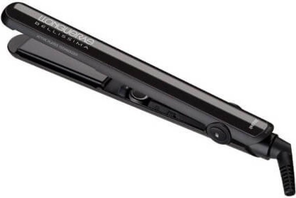 A black hair straightener is shown against a white background.