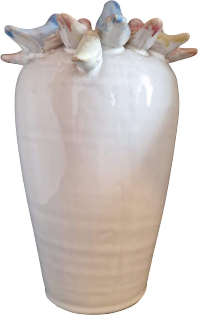 Bezaubernde, stilvolle Vase 'Vögelchen' aus Steingut in weiß Ø 12,7, H 22 cm