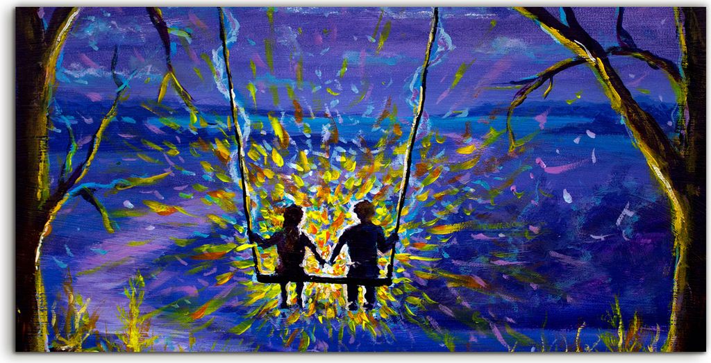 Coloray Glasbild 140x70 Wandbild Glasbilder Kunst Paar auf einer Schaukel im Wald