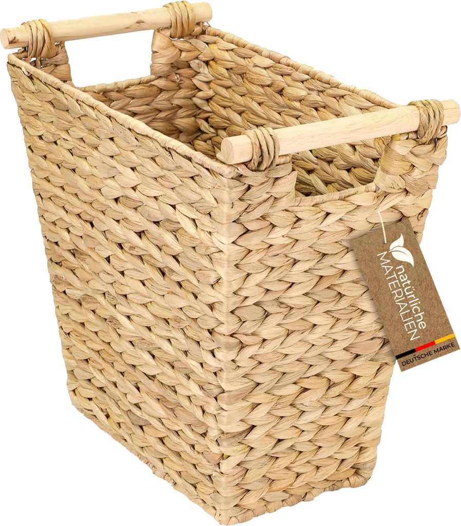 Papierkorb, Aufbewahrungskorb mit Holzgriffen aus Wasserhyazinthe | 36x19x33 cm