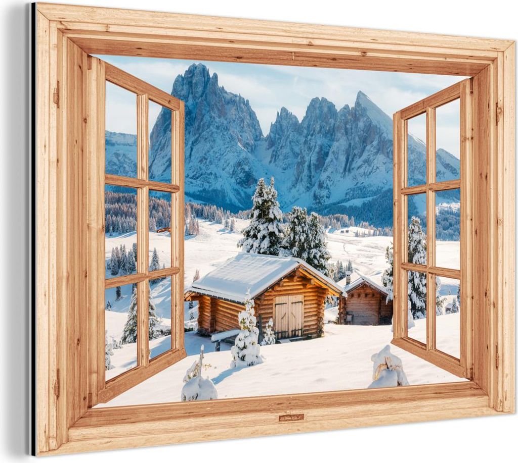 MuchoWow Wanddekoration Metall Metallbild Wandkunst 90x60 cm Durchblick - Winterlandschaft - Hütte - Berge - Aussicht MuchoWow Aluminium Gemälde ...