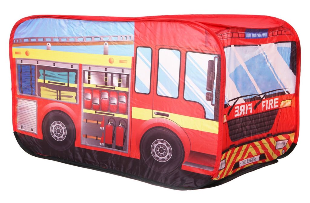 A red fire truck play tent is shown against a white background.