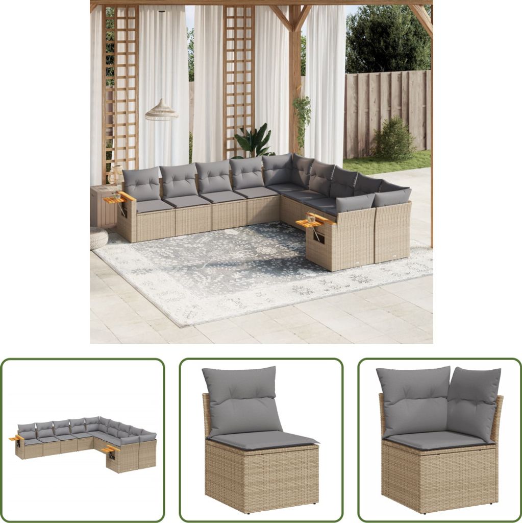 The Living Store 10-tlg. Garten-Sofagarnitur mit Kissen Beige Poly Rattan