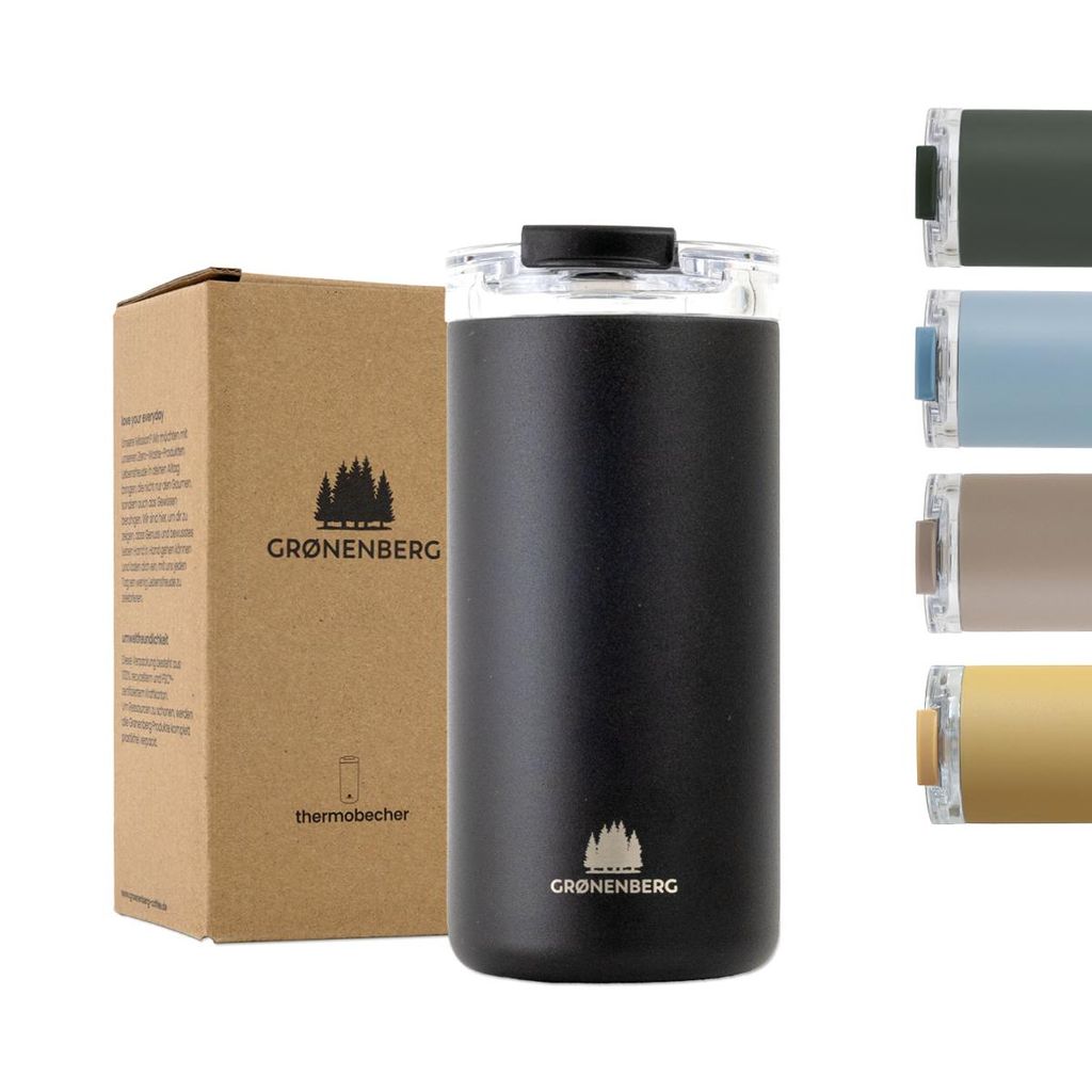 Groenenberg Thermobecher 473ml, black | Kaffeebecher to go 100% Auslaufsicher | Hält mind. 4 h heiß | Coffee to go Becher aus recyceltem Edelstahl