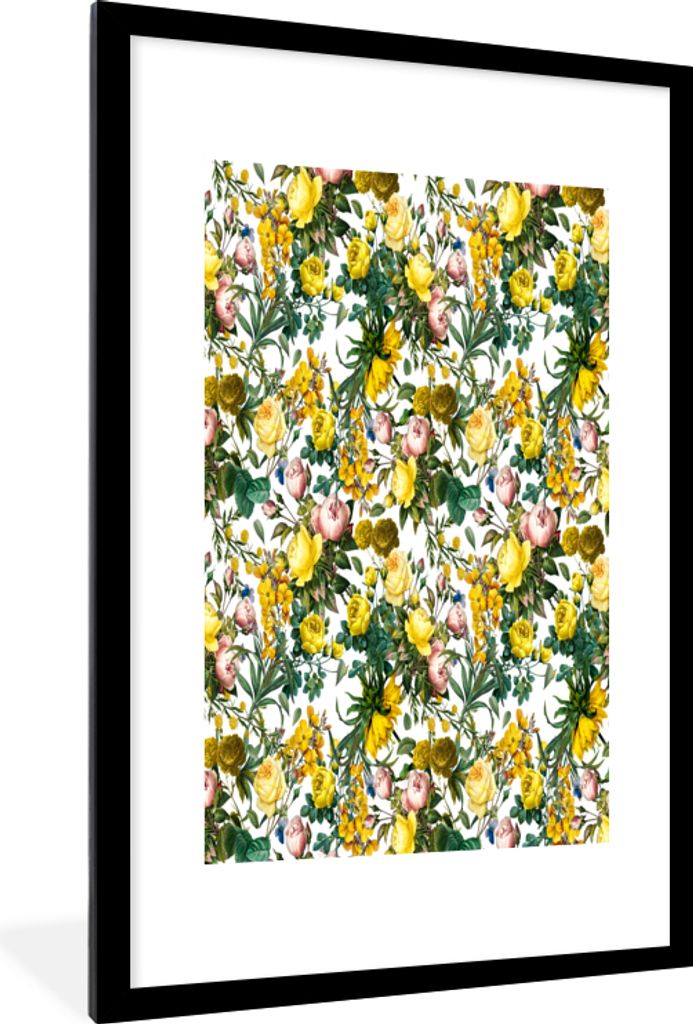 MuchoWow MuchoWow Gerahmtes Poster Blumen - Rosen - Gelb 60x90 cm - Poster mit zchwarzem Bilderrahmen - Dekoration - Wandposter Wohnzimmer - Ho...
