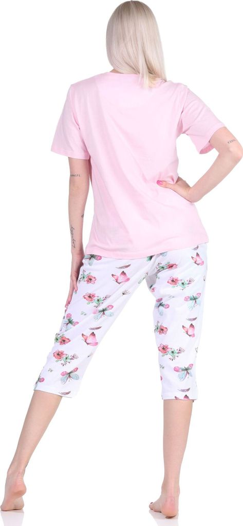 Normann Damen Schlafanzug kurzarm mit Capri-Pyjamahose in floralem Schmetterlings Print ; rosa1 , 48