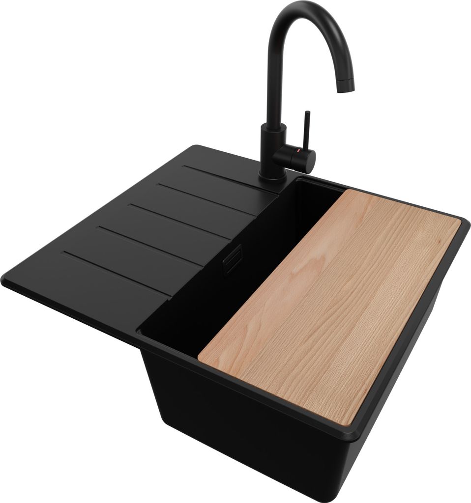 PRIMAGRAN Granitspüle Alles Schwarz 55x50cm, Spülbecken 1 Becken + Ablauf-Set + Küchenzubehörset, Küchenspüle ab 40er Unterschrank - Kopenhagen