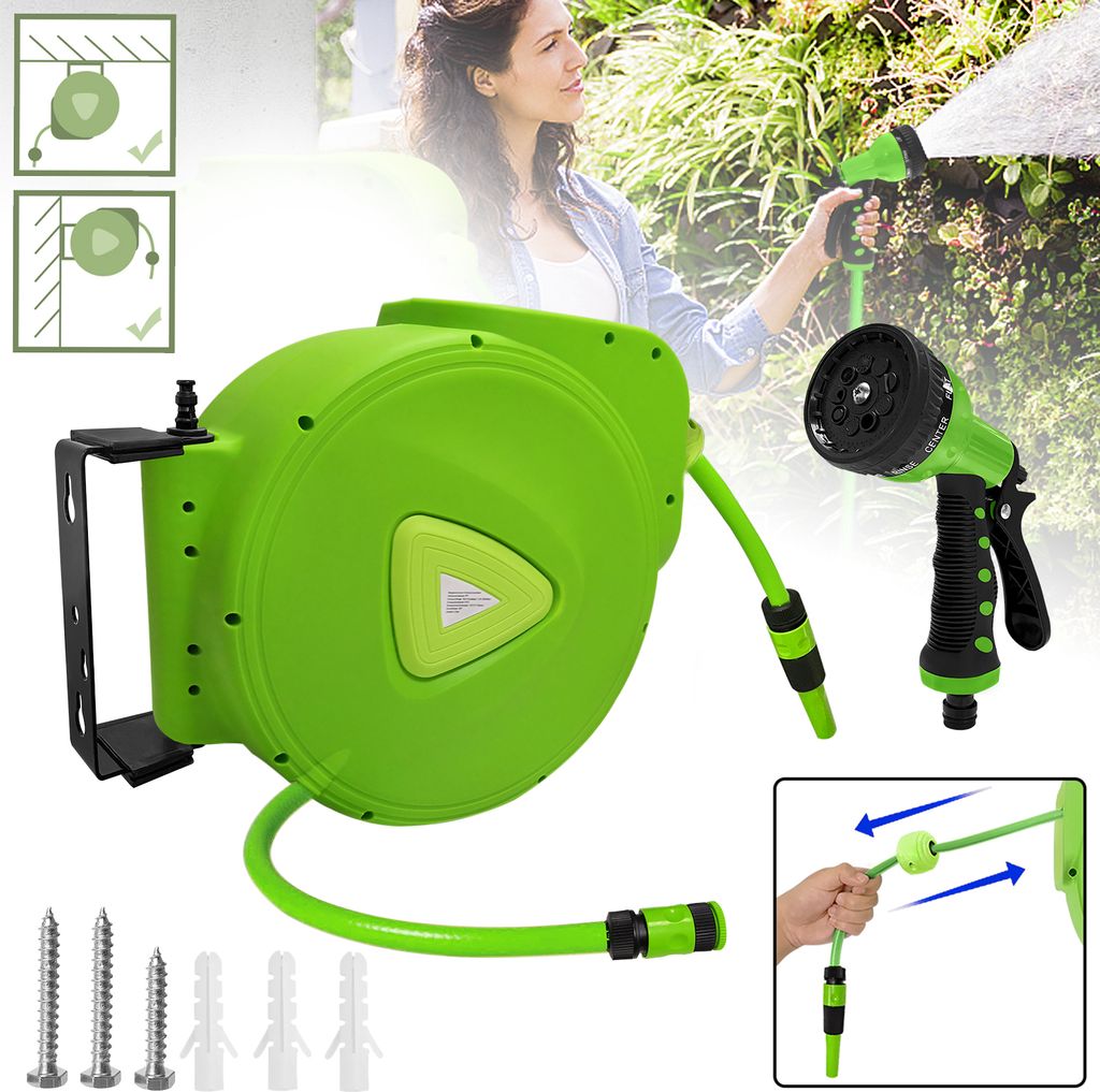 XMTECH 30M Schlauchtrommel Automatik Schlauch Wandmontage 180° Schwenkbarer Schlauchaufroller Gartenschlauch mit Handbrause, Grün