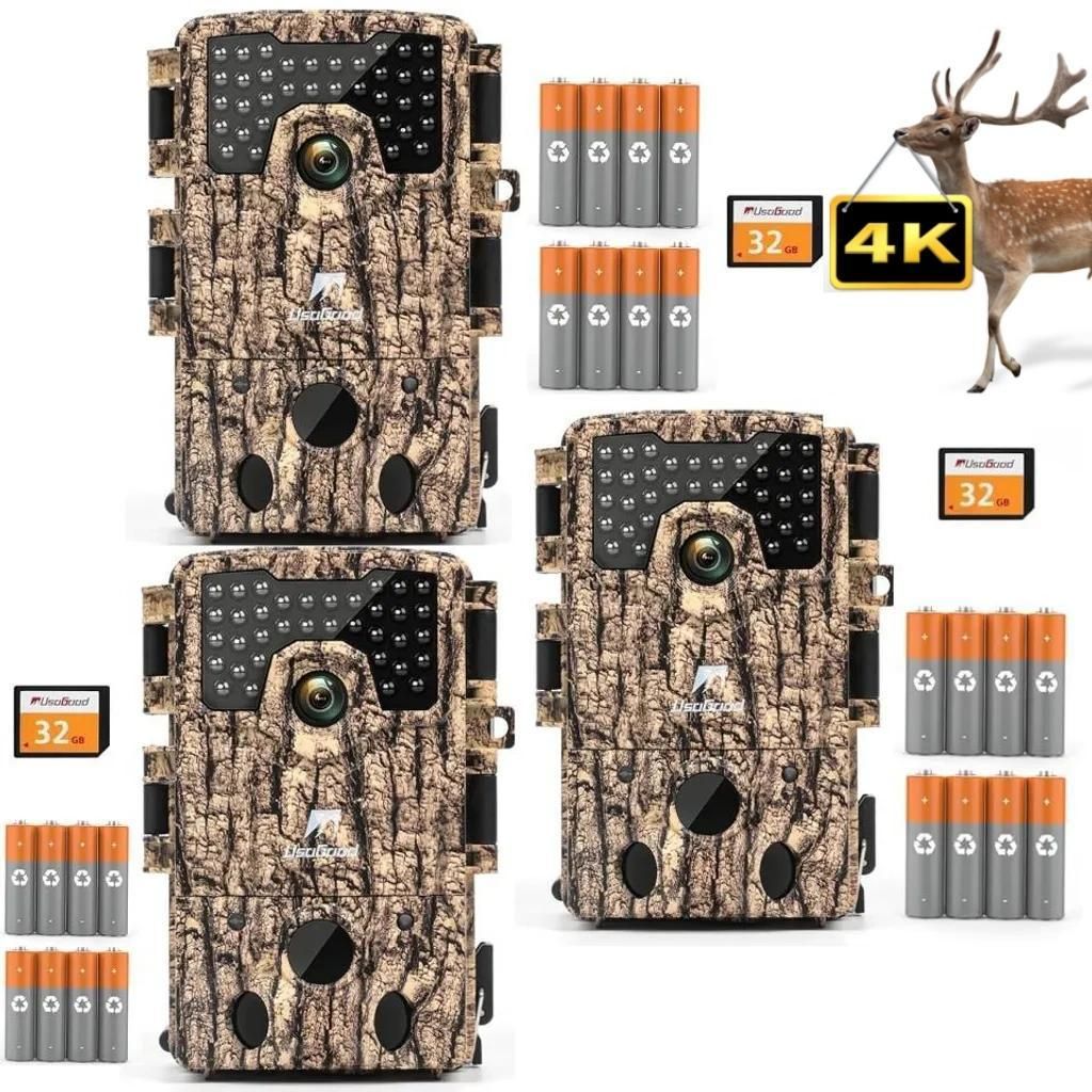 Usogood Wildkamera 4K 48MP Video Wildtierkameramit 32GB Karte 8 Batterien Bewegungssensor Nachtsicht 120°Weitwinkel Infrarot kamera Wasserdicht 3PC