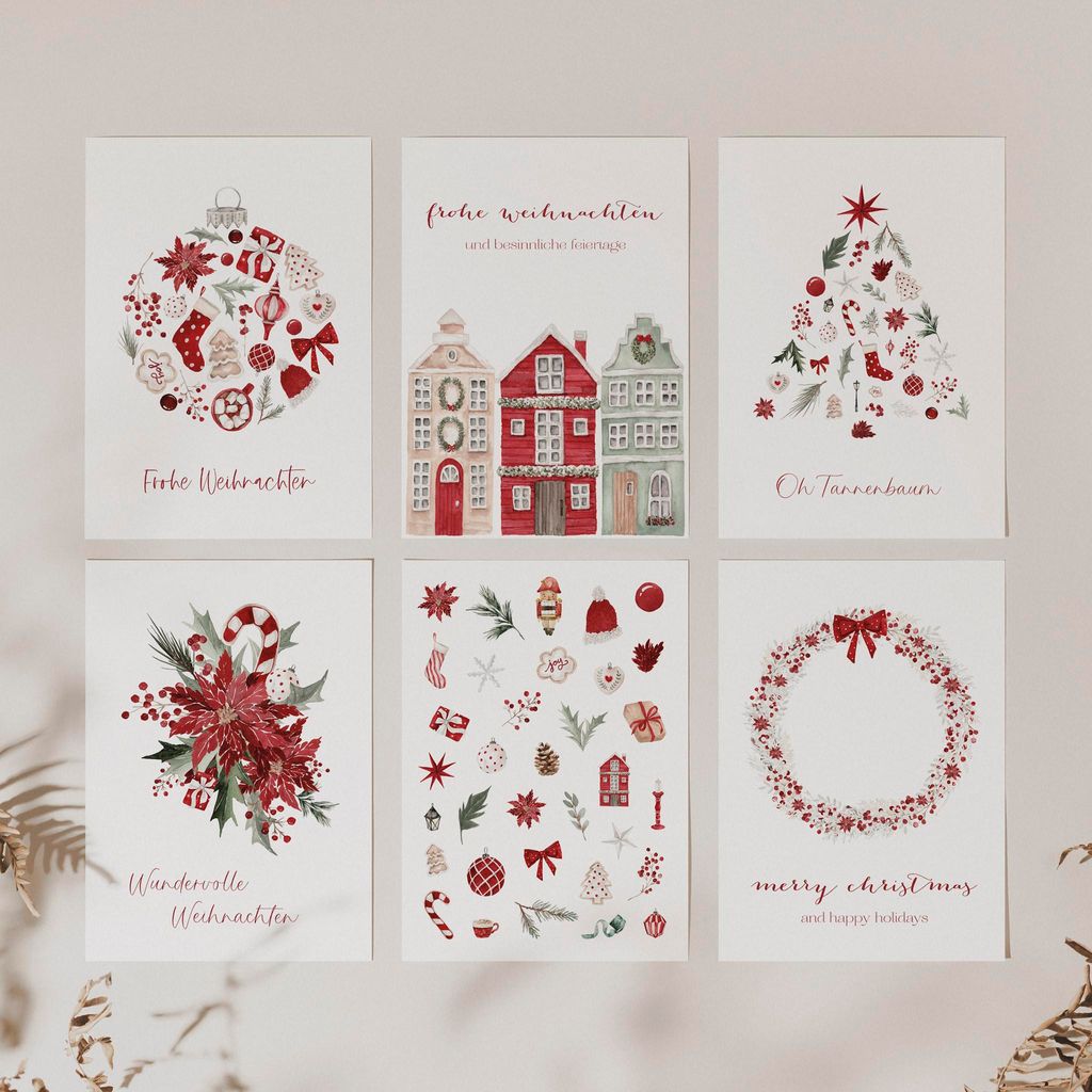 6er Set Weihnachtskarten A6 auf Strukturpapier mit Umschlag - rot