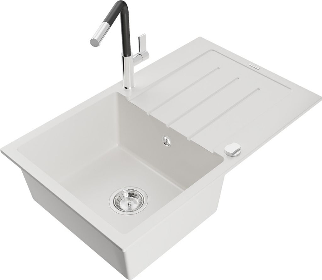 Mexen Bruno 1 Becken-Granitspüle mit Abtropffläche und Mischbatterie Flora, Weiß - 6513-20-670401-07