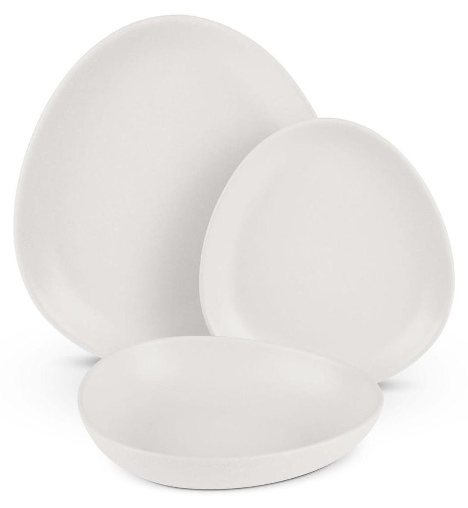 A set of three white, irregularly shaped plates stacked on a white background.