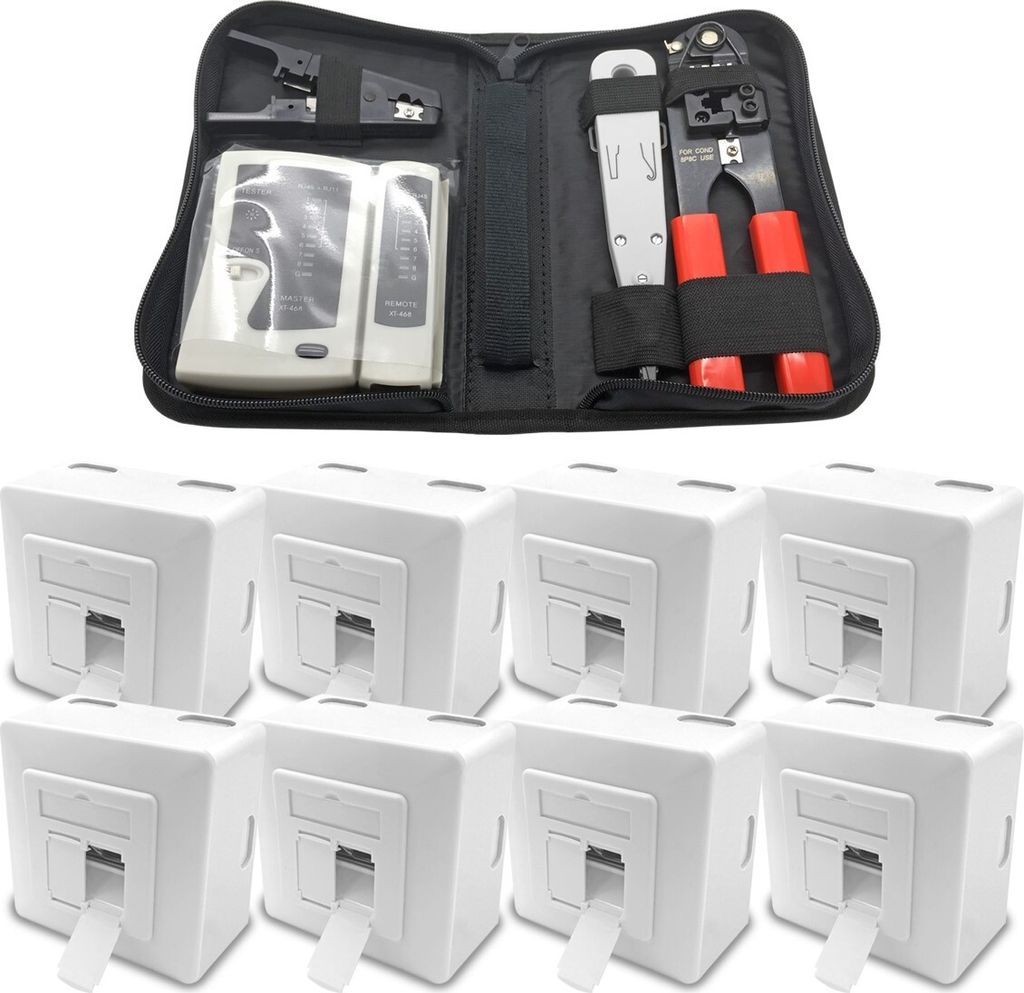 8x ARLI Cat6a Netzwerkdose 2 Port + Werkzeugset ( Crimpzange + Tester + LSA + Kabelmesser )