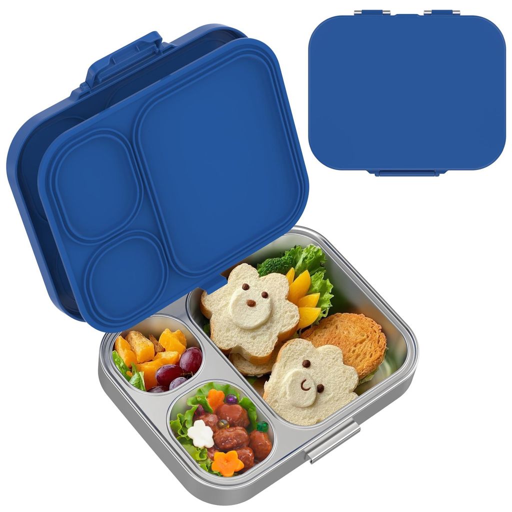 1000 ml Kinder-Lunchbox mit 3 Fächern, Edelstahl, Bento-Lunchbox mit Silikondeckel, auslaufsicher, spülmaschinenfest, Bento-Box für Picknicks, A...