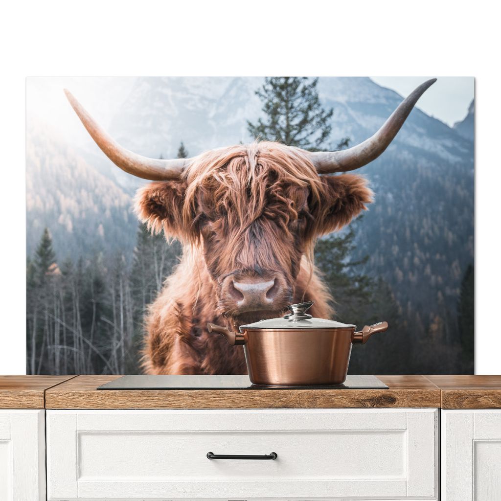 KitchenYeah Spritzschutz Küche - Küchenrückwand - Wandschutz für Herd und Spüle - Schottisches Hochlandrind - Kuh - Tiere - Berg - Natur 120...