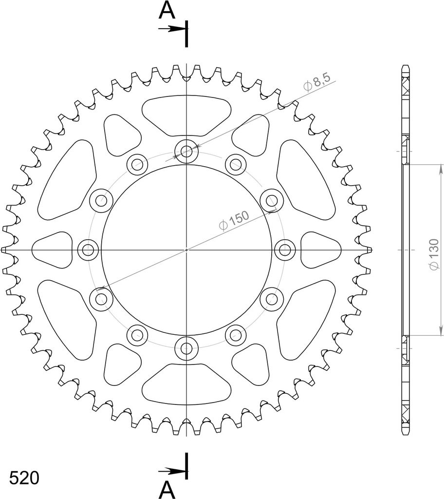 Alu-Kettenrad Supersprox 520 - 54Z (blau) RAL-245/2:54-BLU|ID 130,0 LK 150,0 6-Loch/6-Loch