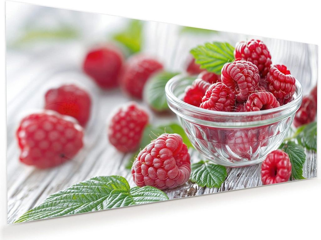 Glasbild 60x30cm in XXL für Wohnzimmer, Schlafzimmer Motiv Frische Himbeeren