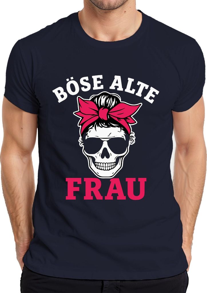 Böse Alte Frau Totenkopf Bandana Sonnenbrille Oma Biker Rocker Herren T-Shirt, Navy, XL