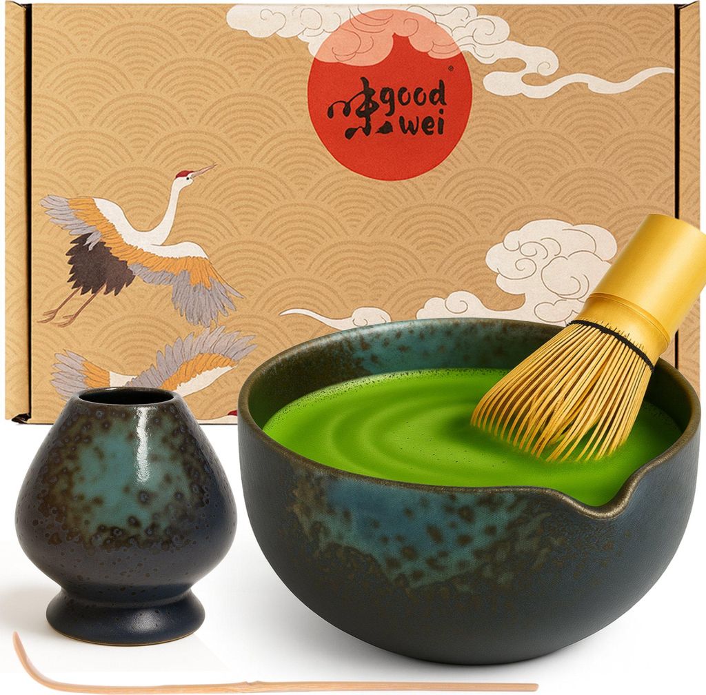 Matcha Set "Rokusho" mit Schale mit Ausgießer, Besen & Halter – edles Set aus Keramik für cremigen Matcha und stilvolle Teezeremonie