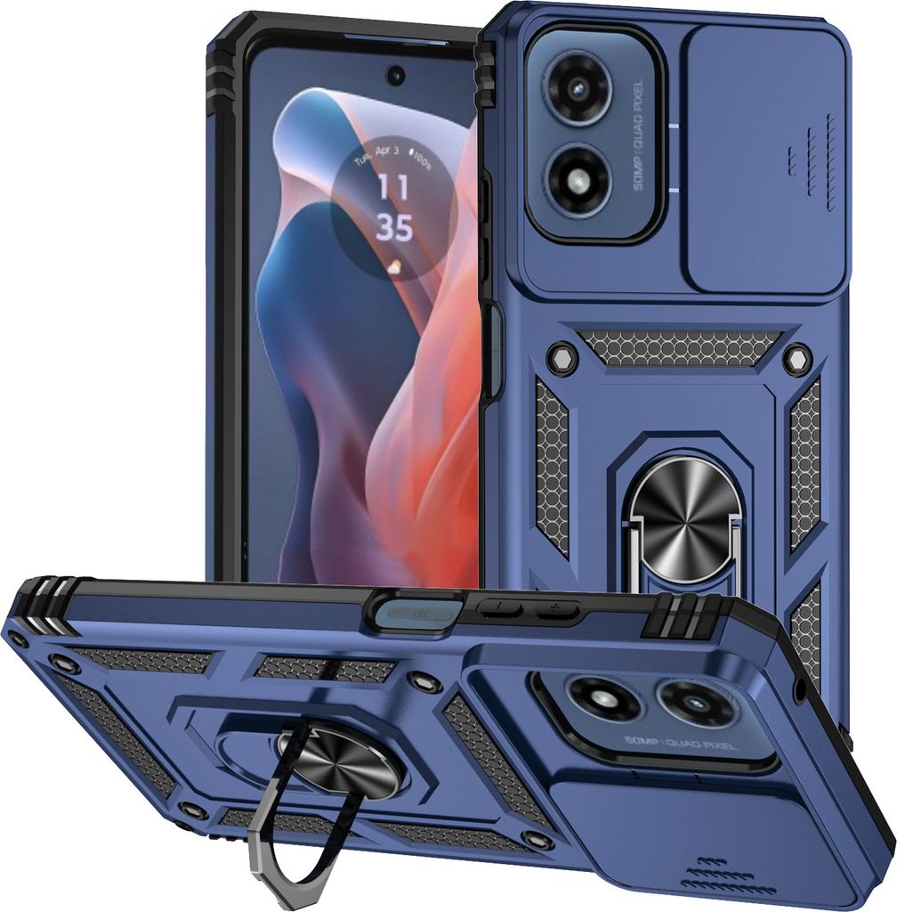 Hülle für Motorola Moto G Play (2024)/Moto G22 4G mit Schiebe Kamera Schutz und Ringhalter Ständer Hybrid Schutzhülle Blau