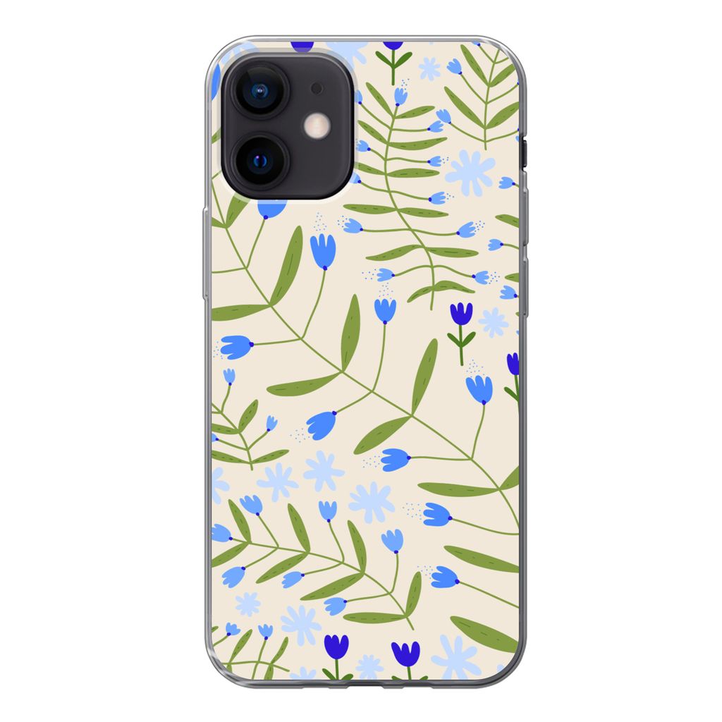MuchoWow Handyhülle Schutzhülle Hülle für iPhone 12 Blume - Blätter - Blau Silikon Softcase Handy Hülle - Schutzhülle