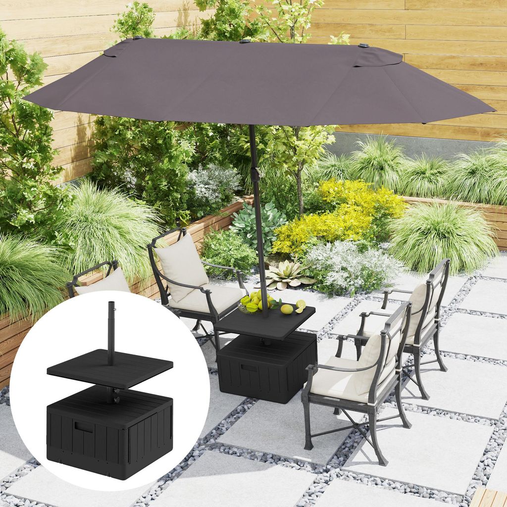 Sonnenschirmständer befüllbar mit Tisch und Rollen, Schirmständer Kunststoff Metall, Schwarz | 53 x 53 x 45 cm | bis 80 kg | Ø38/48 mm