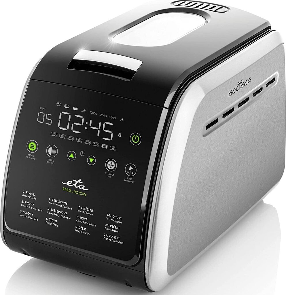 A close-up product shot of a modern bread maker on a white background.