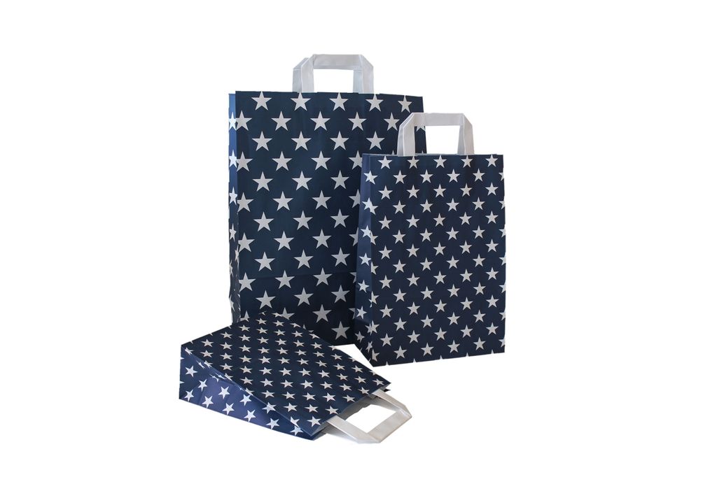 Papiertragetaschen mit STERNE BLAU, 80 g/qm, 22 + 10 x 31 cm, 10 Stück