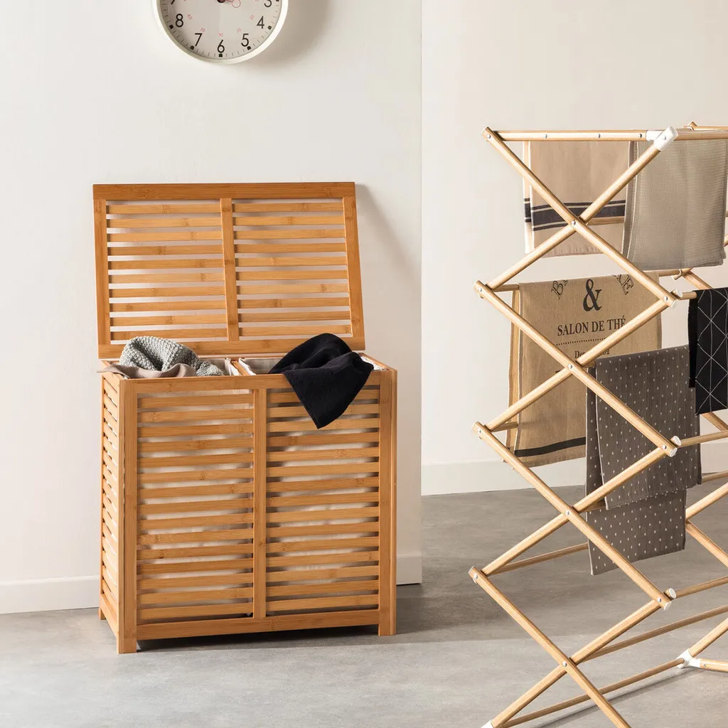 Corbeille à linge double compartiment en bois de bambou Sicela 50L