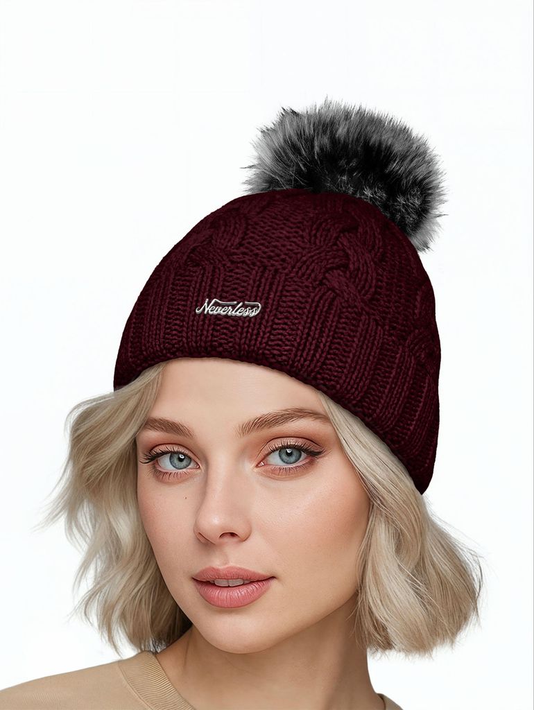 Damen Strickmütze Zopfmuster Fleccefutter Bommelmütze Pudelmütze Wintermütze Accessoires Herbst Winter Model 2213 Neverless