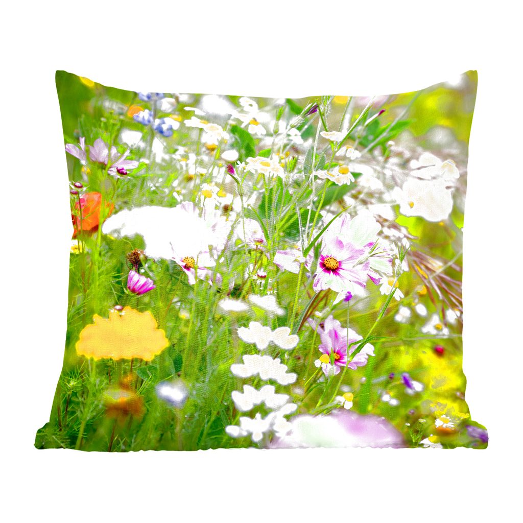 MuchoWow Zierkissen Sofakissen Wohnzimmer Dekokissen 50x50 cm Blumen - Natur - Grün - Gras - Lila - Weiß - Komfort - Sofakissen
