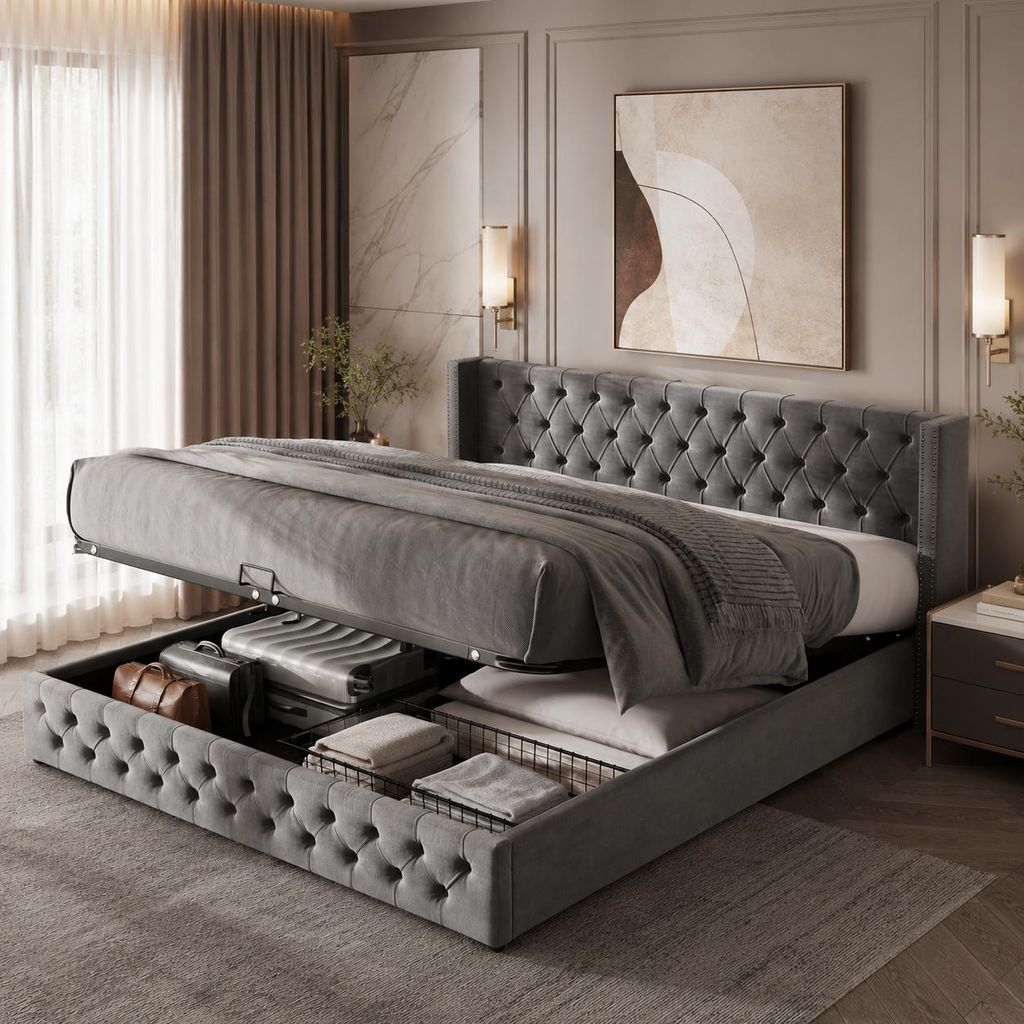 Letto imbottito Flieks 180x200cm con rete a doghe, letto a Immagine del prodotto  Immagine generata dall'IA