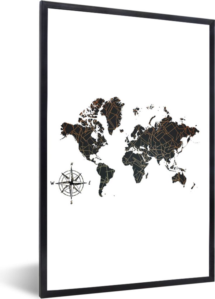 MuchoWow Gerahmtes Poster Weltkarte - Bronze - Kompass 40x60 cm - Poster mit Schwarzem Bilderrahmen Wandposter Rahmen Foto Bilder - Papierdruck -...