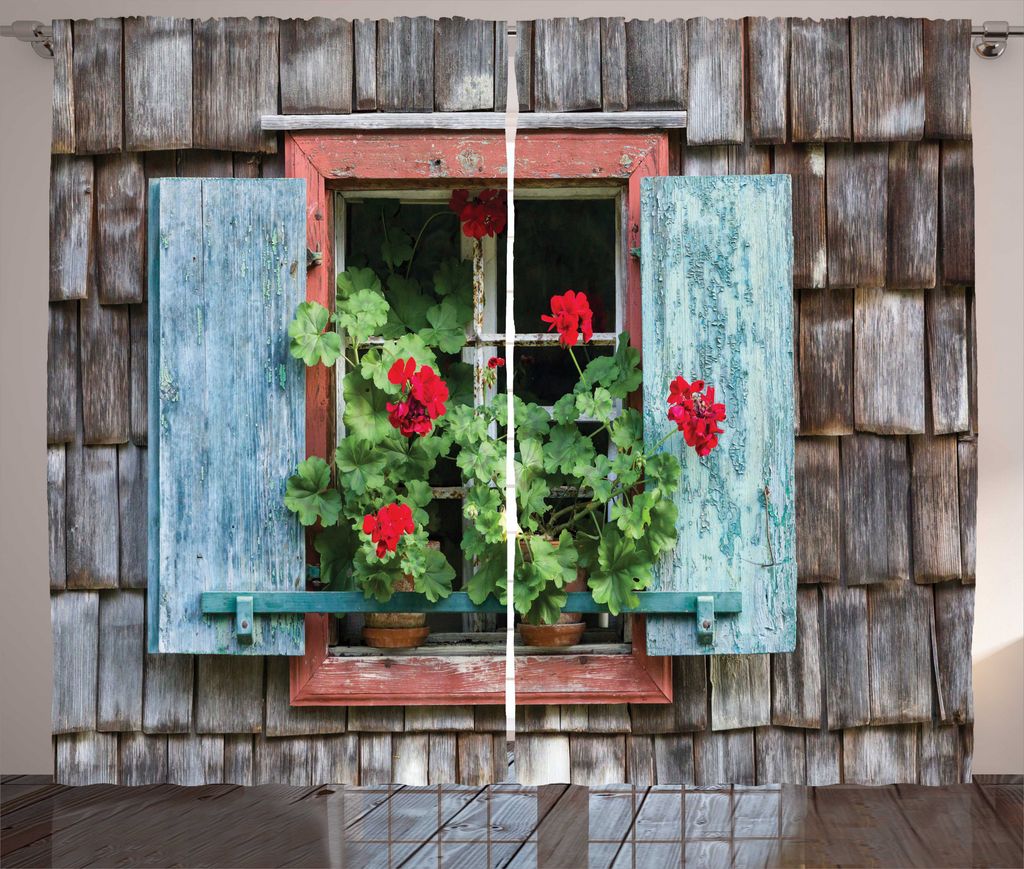ABAKUHAUS Pelargonien Rustikaler Gardine, Blumen auf ländliche Fenster, Wohnzimmer Universalband Gardinen mit Schlaufen und Haken, 280 x 225 cm, M...