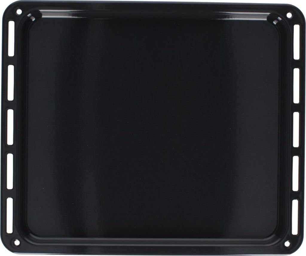 A top-down view of a black oven baking tray.