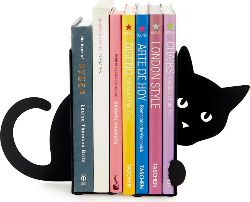 Serre-livres Chat en Acier Noir Robuste - Support de Livres Antidérapant