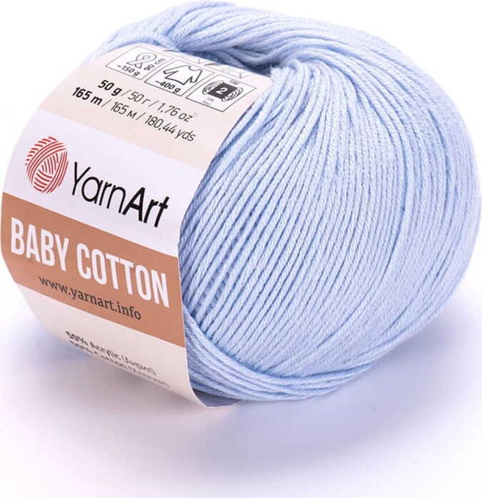 A ball of light blue yarn with a label.