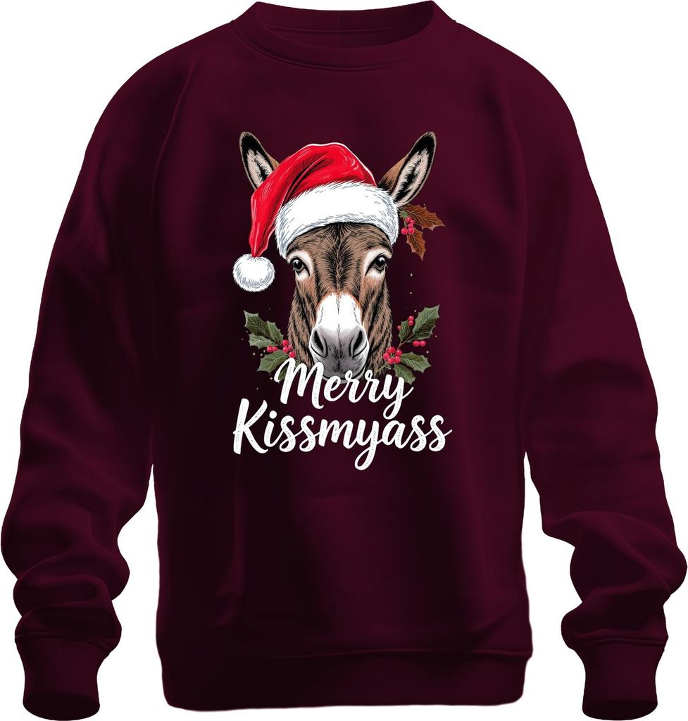 Merry Kissmyass lustiger Esel Weihnachtsesel Weihnachtsmütze Uni Sweatshirt Pullover, Burgundy, S