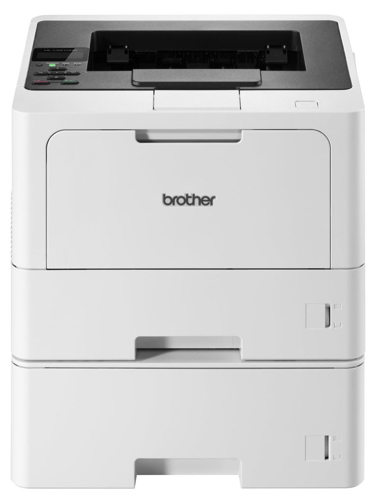 A front view of a white Brother laser printer with two paper trays stacked below the main unit.