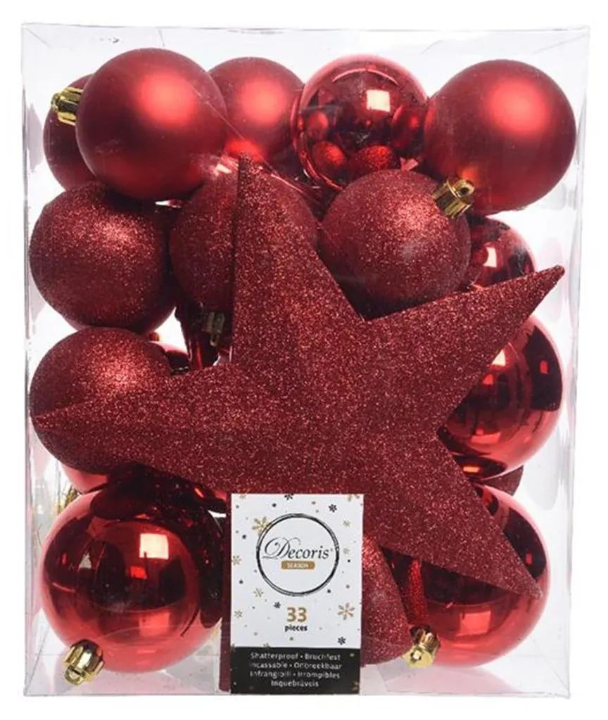 Boules de Noël Incassables Rouges avec Étoile de Cime - Lot de 33