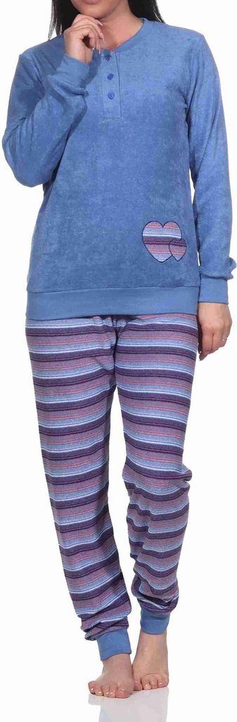 Wunderschöner Damen Frottee Schlafanzug mit Bündchen und Herz-Motiv - auch in Übergrössen ; blau , 36