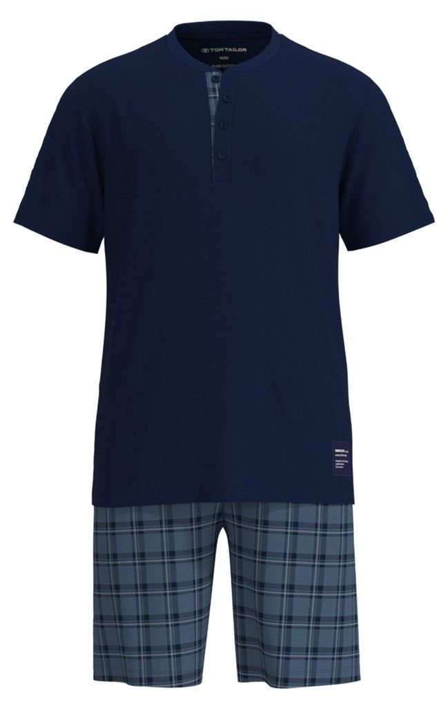 TOM TAILOR Herren Schlafanzug, kurz - Shorty, Pyjama, Baumwolle, Henley-Kragen, Single Jersey Blau M