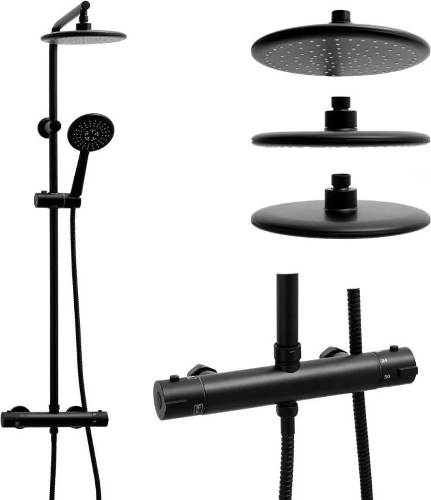 Set doccia - Doccia a pioggia 20 cm - con rubinetto termostatico - Nero