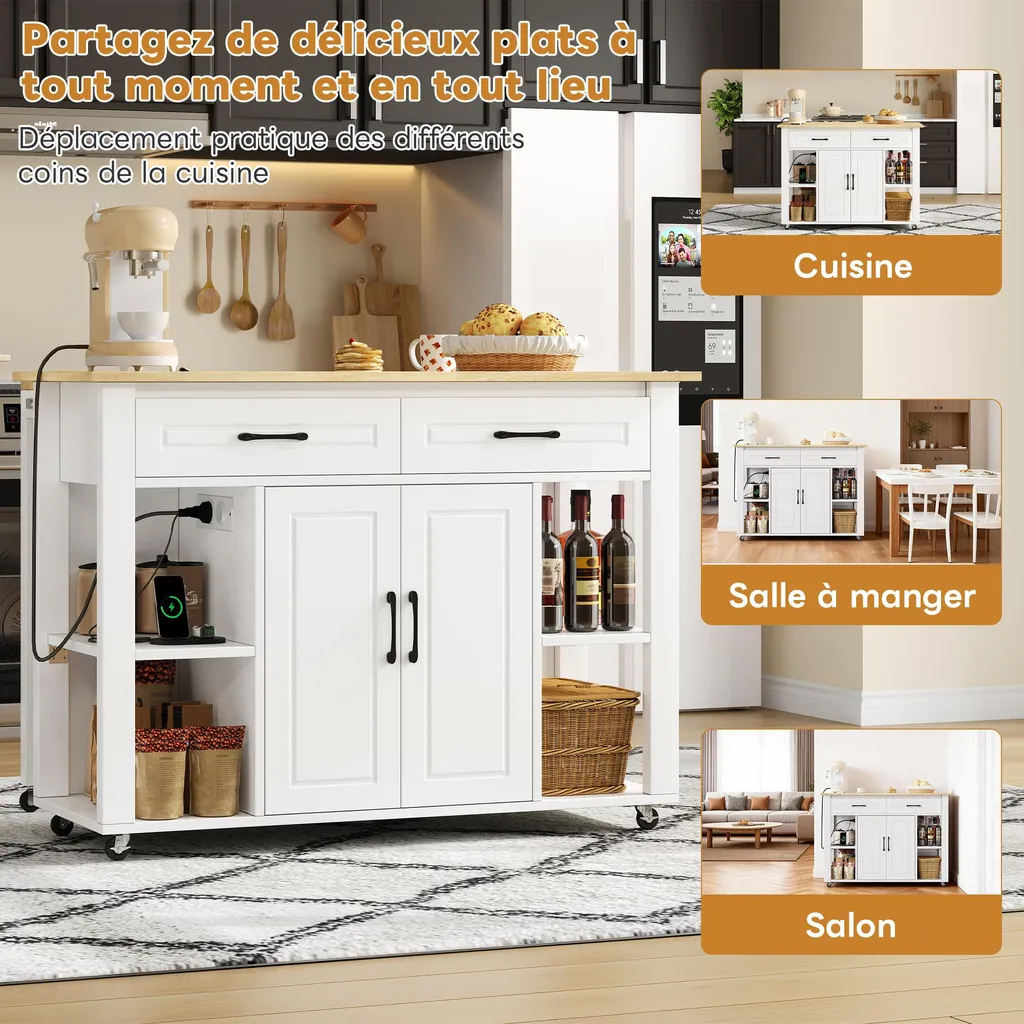 Desserte de Cuisine Mobile avec Buffet de Rangement et Prises USB