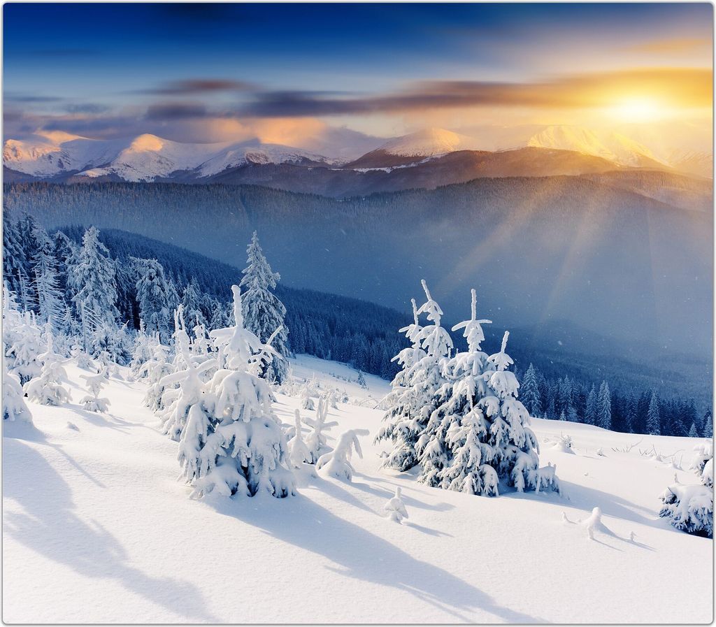 Spritzschutz Herdabdeckplatte Schneidebrett aus Glas Sonnenuntergang im Winter 1-Teilig (60x52cm)