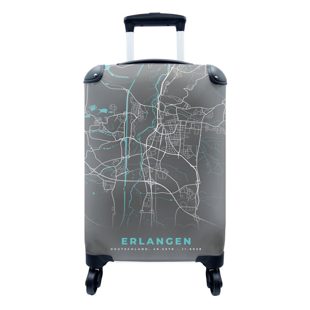 MuchoWow Koffer Handgepäck Trolley Rollkoffer Kleine Reisekoffer mit 4 Rollen - Karte - Stadtplan - Erlangen - Deutschland - Blau - Cabin Size <...