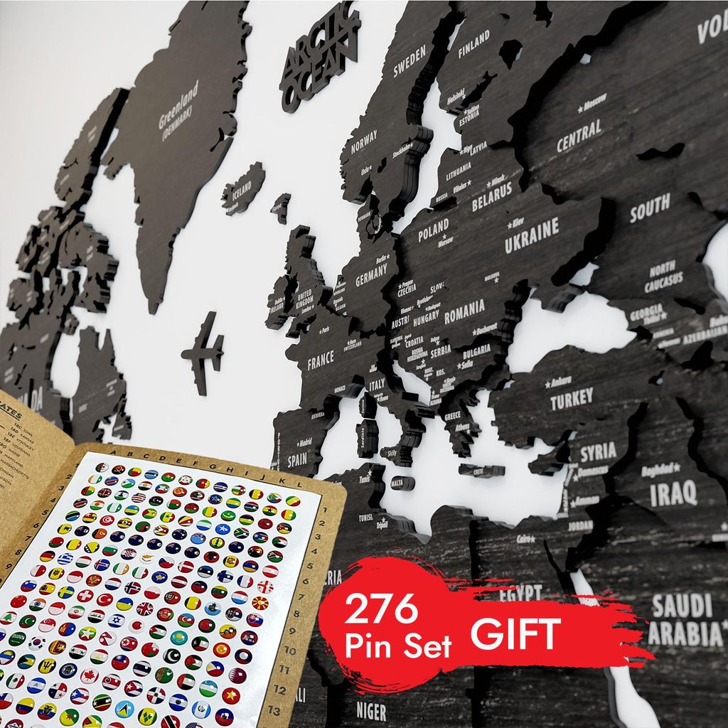 Dřevěná mapa světa na zeď - 3D dřevěná mapa, dárek na cesty Obrázek produktu 