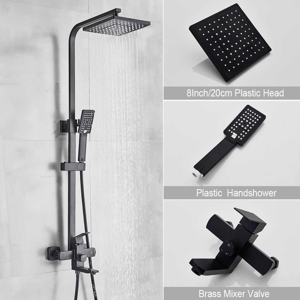 Eckiges Duschset System mit 20*20 cm Regenkopfbrause, Aufputz Duschsäule, schwarz